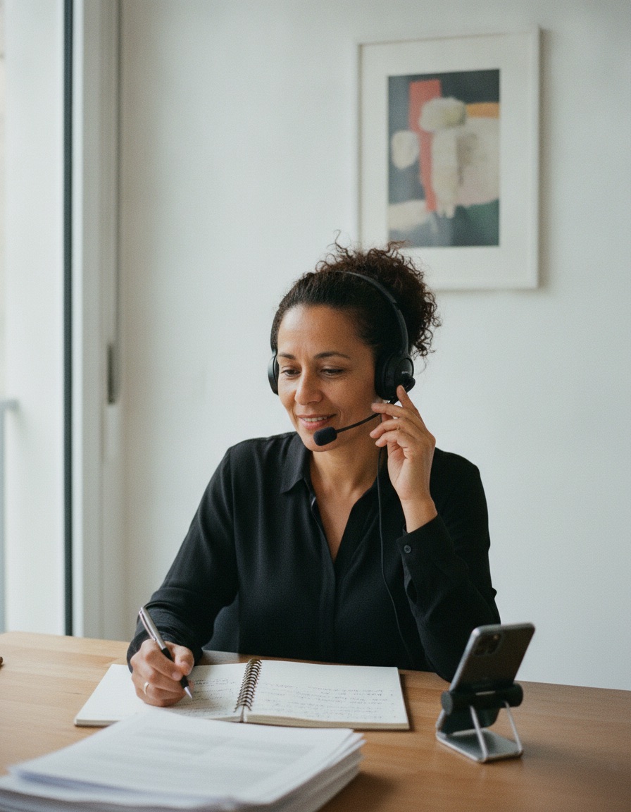 Une entrepreneuse passe un appel de prospection avec un casque, carnet ouvert