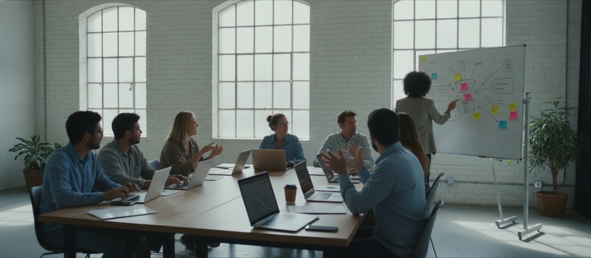Un groupe d'entrepreneurs travaille sur ordinateurs autour d'une grande table, une personne explique un schéma au tableau blanc